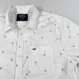 Hollister Shirt Mens M White Short Sleeve Button Up Epic Flex Stretch Logo EUC